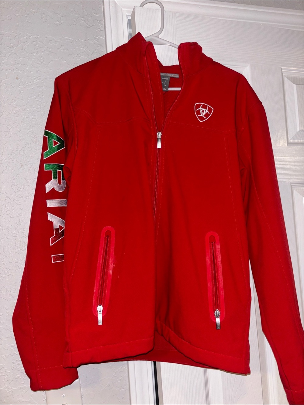 Ariat Youth Red Softshell Hooded Jacket with Logo Sleeve